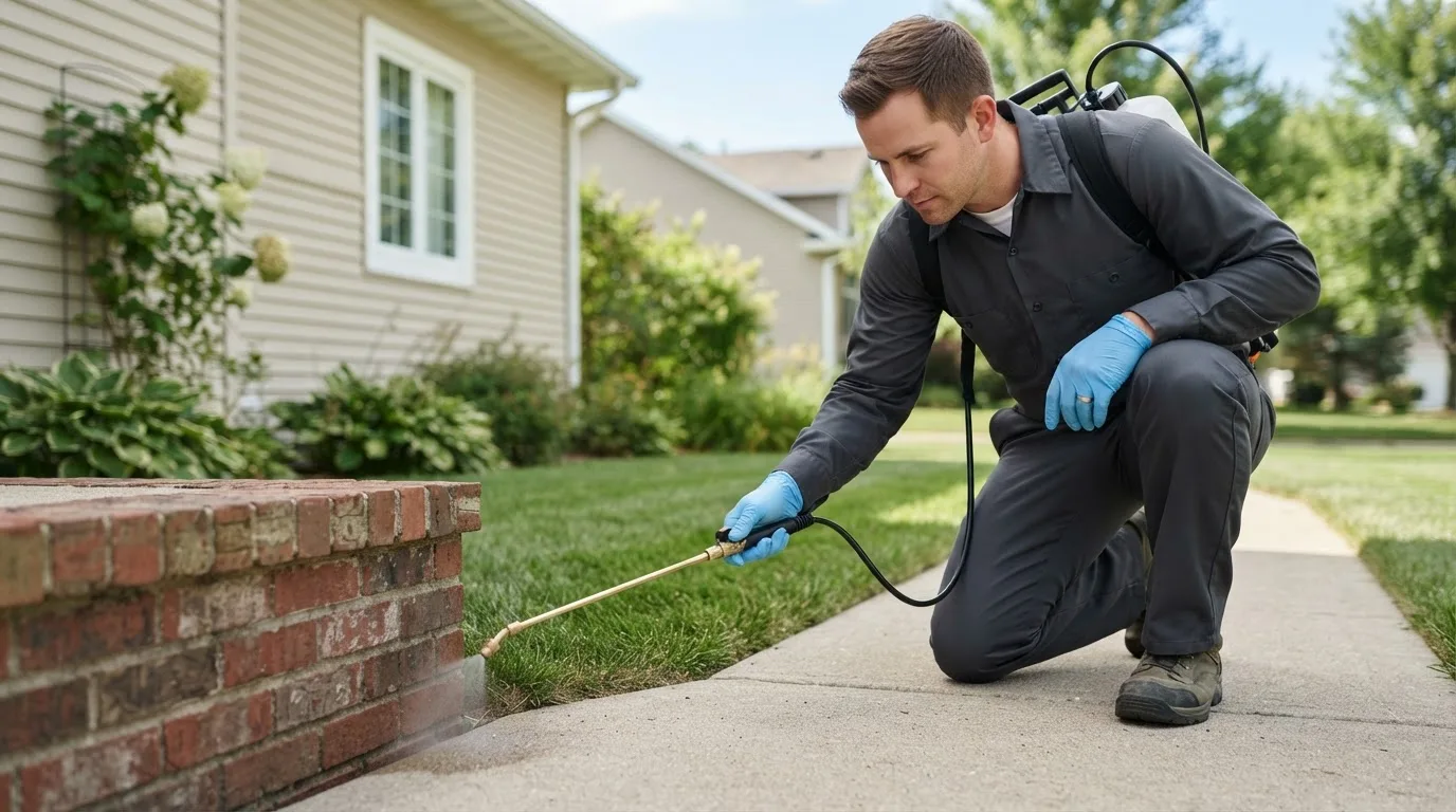 Pest control technician treating a home near Ada, OH